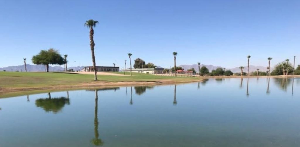 Pond on golf course with trees near fairway
